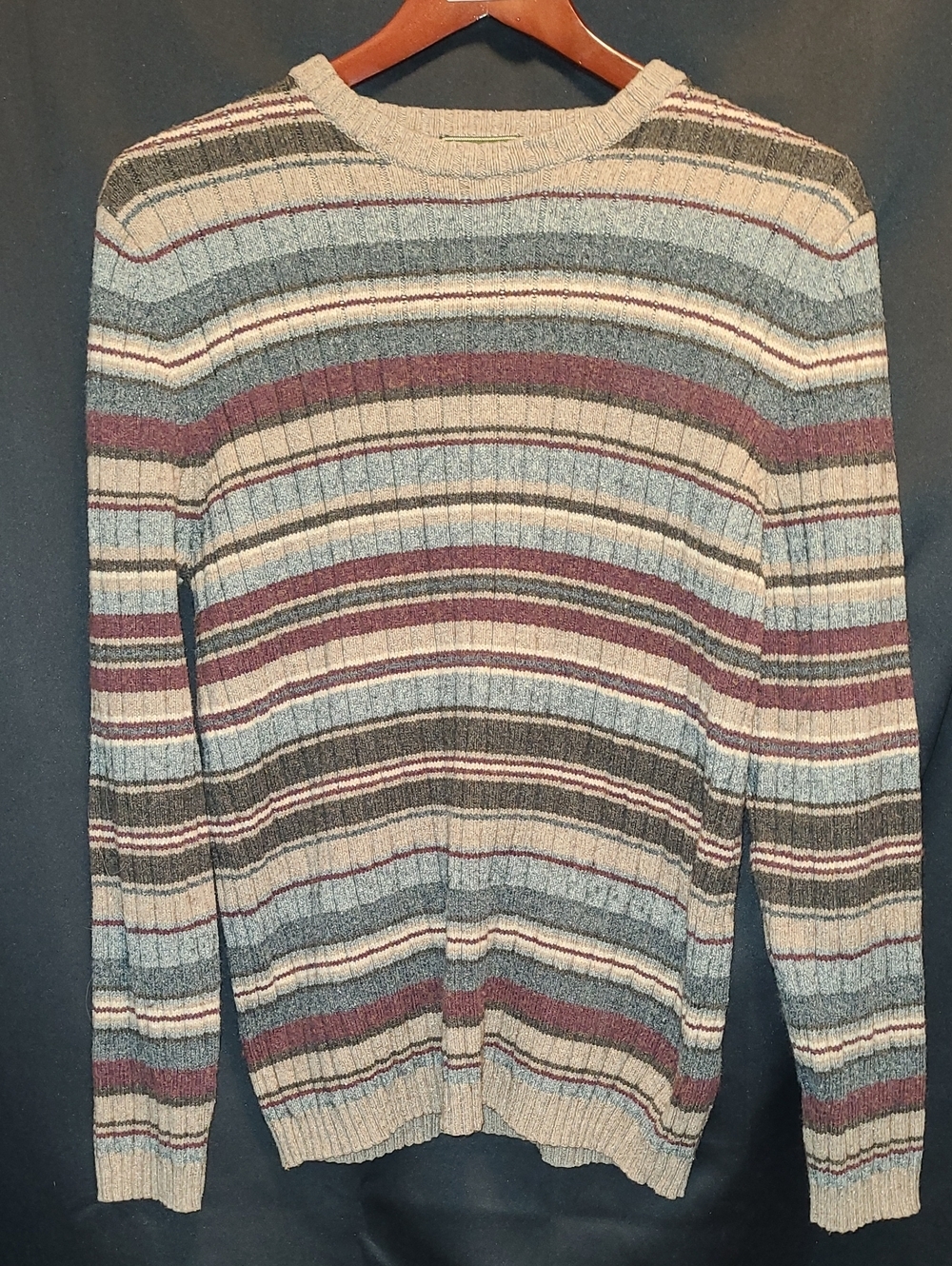 Vtg Eddie Bauer Striped Crewneck Sweater — Beige, Gray, Blue, Burgundy